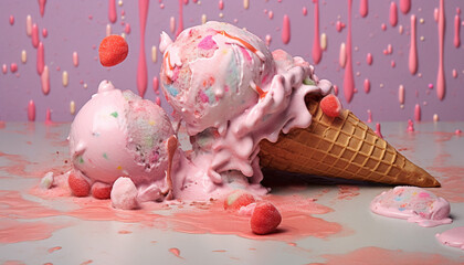 Canvas Print - Ice cream cone with colorful toppings on a pink background generated by AI