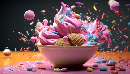 Sticker - Ice cream sundae with chocolate, strawberry, and colorful confetti generated by AI