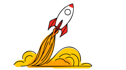 Poster - One continuous line drawing of simple retro spacecraft flying up to the outer space nebula.
