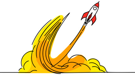 Poster - One continuous line drawing of simple retro spacecraft flying up to the outer space nebula.