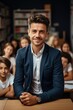 Confident male teacher in a classroom of students