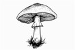 Black and white drawing or illustration of a mushroom. Background with selective focus and copy space