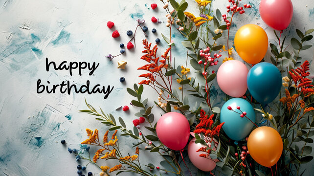 happy birthday text banner poster greeting card copy space background cake balloons party celebration, congratulating, present colours funny enjoy blessings holiday gift.