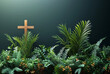 Palm Sunday, Christians to welcome Jesus Christ, cross crucifix, church christian catholic trust believe faith, happy easter, leaves, grass, wood, banner copy space greeting card background.