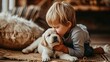 © Ilja - Sweet little boy shares a tender moment as he lovingly kisses the puppy s nose by the large window