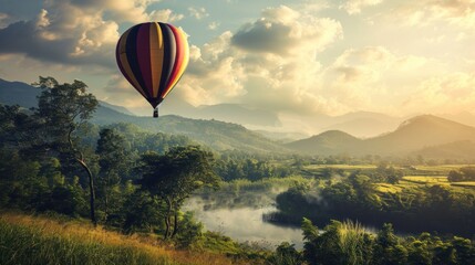 Sticker -  a hot air balloon flying in the sky over a valley with a river in the foreground and a mountain range in the background with clouds in the foreground.