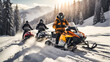 Racers ride a snowmobile in a winter suit in a beautiful magnificent snowy forest, mountains travel