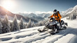 Racers ride a snowmobile in a winter suit in a beautiful magnificent snowy forest, mountains adventure