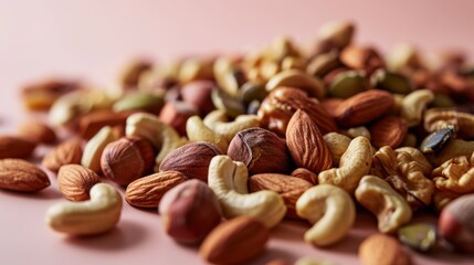 Sticker -  a pile of assorted nuts sitting on top of a pink surface with one nut in the middle of the pile and the rest of the nuts in the middle of the pile.