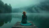 Fototapeta  - A woman, attired in flowing dress and hat, perches on the edge of a lakeside dock enveloped in dense fog