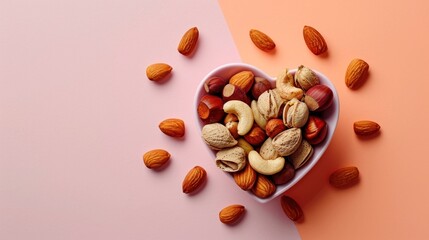 Poster -  a heart shaped bowl filled with nuts on top of a pink and orange background with a pink and white stripe next to the bowl is a small bowl of nuts.