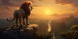 a painting of a lion standing on top of a cliff in sunset panorama.