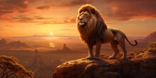 A Painting Of A Lion Standing On Top Of A Cliff In Sunset Panorama.