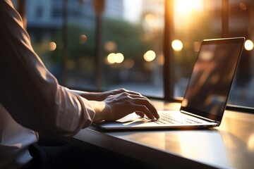 Man working on laptop in cafe with warm lighting