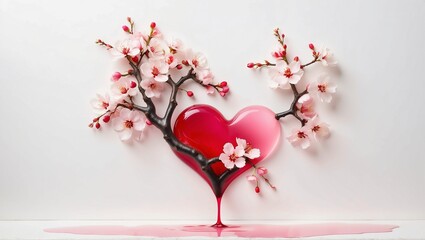 Wall Mural - Abstract illustration with sakura branch and heart. Valentine's Day, Mother's Day, Women's