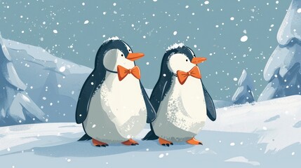 Sticker -  a couple of penguins standing next to each other on a snow covered ground with a mountain in the background with snow falling on the ground and snow on the ground.