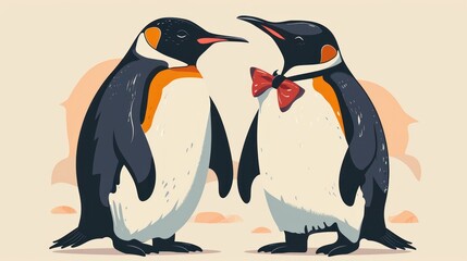 Sticker -  two penguins standing next to each other with a red bow tie on their necks and one penguin wearing a red bow tie and another penguin wearing a red necktie.