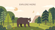 Forest landscape with bear, mixed forest and mountain. Vector illustration of sunny woodland in flat style.
