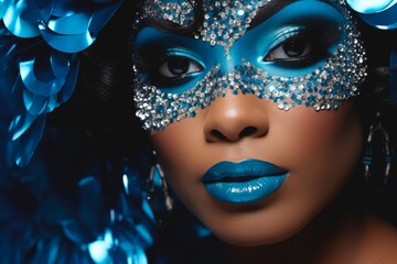 Wall Mural - Young African American woman with bright makeup in a blue masquerade mask. Close up. Concept for masquerade, holiday and corporate party. Ideal for fashion, event promotions or luxury content