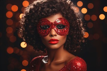 Wall Mural - Glamorous brunette with bright makeup in a masquerade mask and red sequin dress. Concept for masquerade, holiday and corporate party. Ideal for fashion, event promotions, luxury content