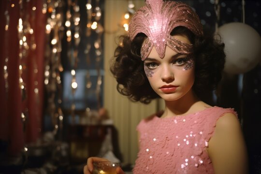 Vintage-style portrait of woman with starry pink headdress and matching sequined dress, holding a glass. Ideal for retro-themed events. Concept for masquerade, holiday, corporate party and nightlife