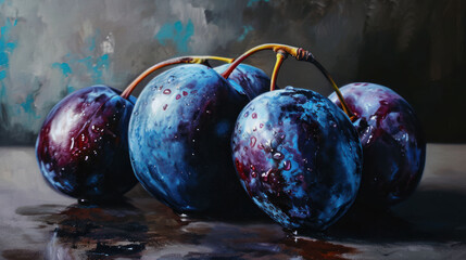 Canvas Print -  a painting of a group of plums on a table with water droplets on the surface and on the bottom of the painting is a dark blue and black background.
