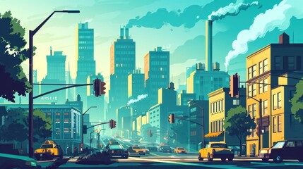 Canvas Print -  a painting of a cityscape with a lot of smoke coming out of the stacks of buildings and cars driving down the street in the middle of the city.