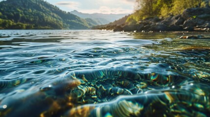 Canvas Print -  a body of water with trees in the background and a mountain range in the distance with water bubbles in the foreground and a body of water in the foreground.