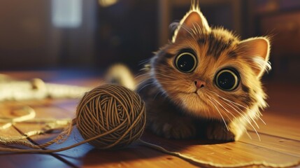 Sticker -  a cat sitting on a wooden floor next to a ball of string and a ball of yarn on the floor next to it is a ball of twine of yarn.