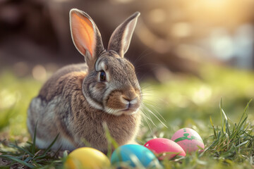 Rabbit with Easter eggs in grass landscape 