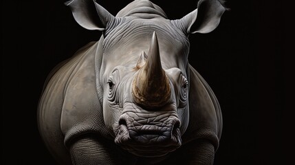 Poster -  a close up of a rhino's face on a black background with the rhino's tusks curled up and the rhino's horn curled up.