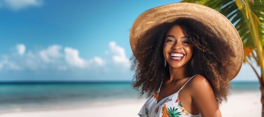 Sticker - Black woman smiling happy on tropical beach