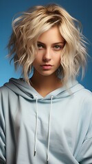 Poster - A beautiful blonde woman with green eyes is wearing a blue hoodie and looking at the camera