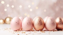 Gold And Pink Easter Egg Decorations With Gold Flakes, Easter Background Concept