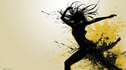 Sticker -  a silhouette of a woman dancing with yellow and black paint splatters on her body and arms, with her hair blowing in the wind, on a light yellow background.