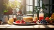 A well-lit breakfast nook with a 3D-rendered spread of pancakes, fruits, and syrup.