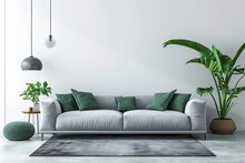 Interior House With Simple White Background Mock Up. Grey Velvet Sofa With Green Plaid On . Modern Space Concept. 3d Render. Illustration.