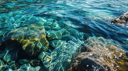 Sticker -  a body of water with rocks in it and a rock in the middle of the water with a rock in the middle of the water and a rock in the middle of the water.