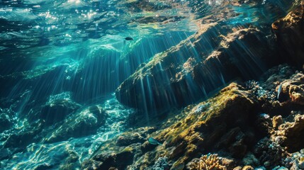 Sticker -  a body of water with a bunch of rocks under it and sunlight coming from the water's surface over the top of the water and bottom of the water.