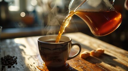  a cup of tea being poured into a cup of coffee on top of a wooden table next to a cup of coffee beans and a glass of water on the table.