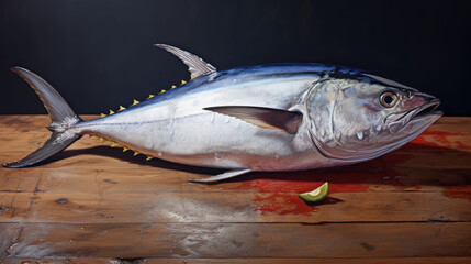 Sticker -  a large fish on a wooden table with a knife in it's mouth and a bite taken out of it's mouth, with a bite taken out of it.