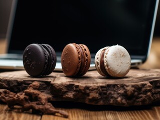 Wall Mural -  three macaroons sitting on a piece of wood next to a laptop on top of a wooden table in front of a wooden slab of wood with a laptop.