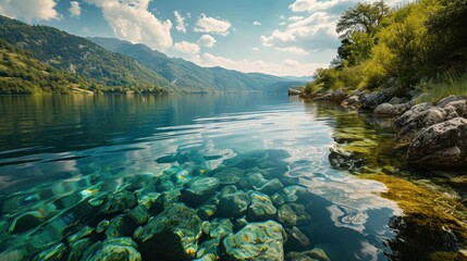 Poster -  a body of water surrounded by a lush green hillside and a lush green forest filled with lots of trees and a blue sky with white clouds in the foreground.