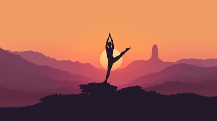 Poster -  a silhouette of a person doing a yoga pose in front of a mountain range with the sun setting in the background and a silhouette of a person doing a handstand.