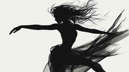 Canvas Print -  a black and white photo of a woman in a long dress with her hair blowing in the wind, in the air, in front of a white background is a silhouette.