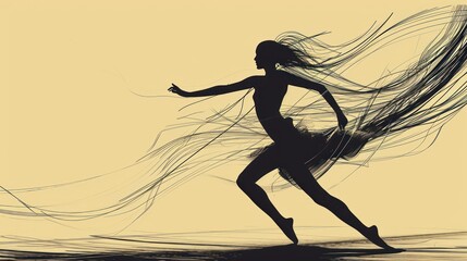 Canvas Print -  a silhouette of a woman running with her hair blowing in the wind in front of a beige background with a black and white image of a woman with long flowing hair.