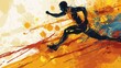  a digital painting of a man running on a yellow and orange paint splattered background with a splash of paint on the side of the running man's body.