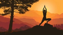  A Silhouette Of A Person Doing Yoga In Front Of A Mountain And A Tree With The Sun Setting In The Background And A Person Standing On Top Of A Hill Doing A Yoga Pose.