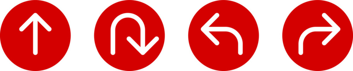 Wall Mural - Go Straight This Way One Way Only U Turn Left and Right Red and White Arrow Round Circle Traffic Sign Direction Icon Set. Vector Image.
