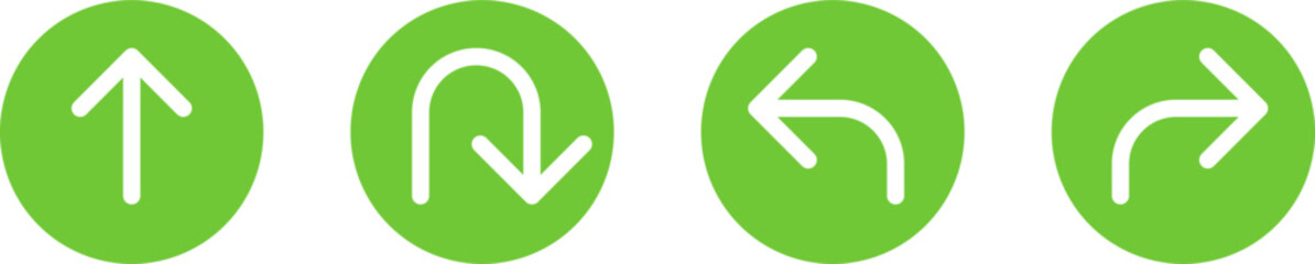 Poster - Go Straight This Way One Way Only U Turn Left and Right Green and White Arrow Round Circle Traffic Sign Direction Icon Set. Vector Image.